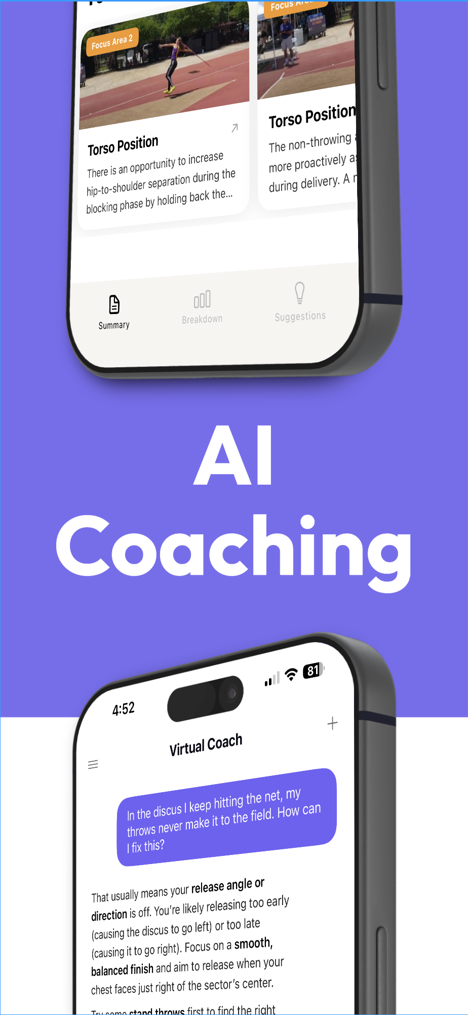 T&Fai virtual coach chat with AI coaching for throws